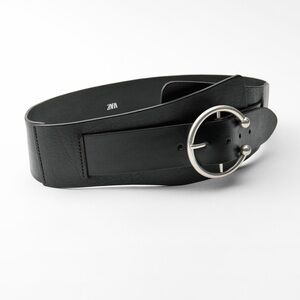 Zara Black Leather Belt with Piercing Round Silver Buckle